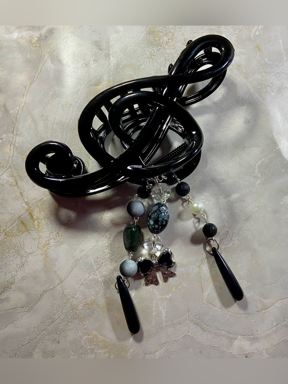 Hand Crafted Glossy Black Swirl Hair Barrette with Beaded Tassels